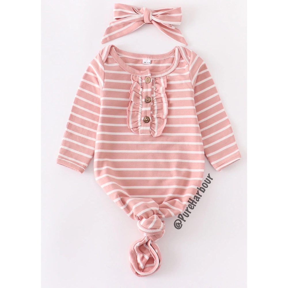 Pink Stripe Tie Bottom Baby Gown with Bow
